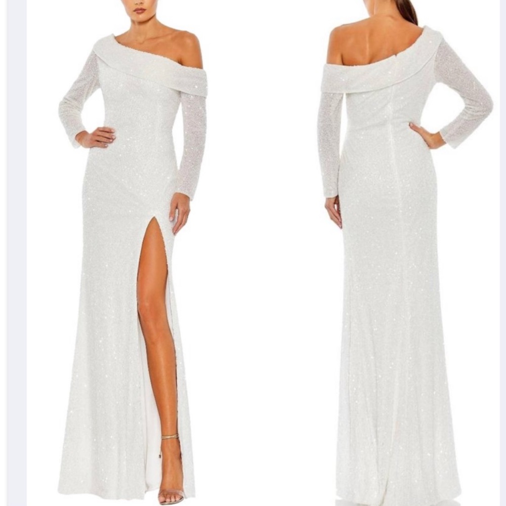 Mac Duggar Metallic One-shoulder Sheath Evening Gown In White